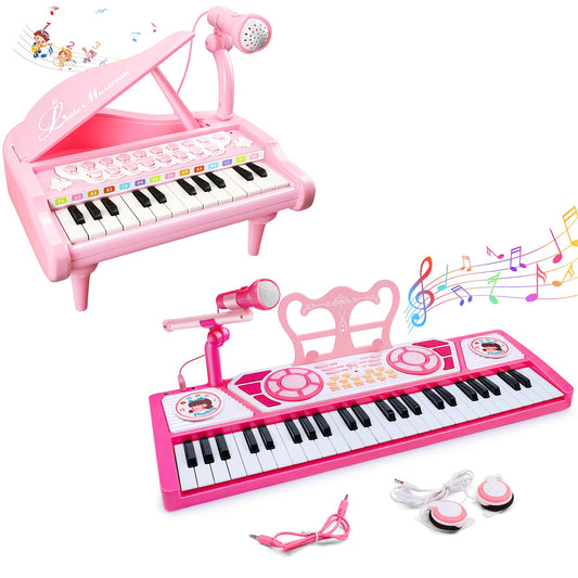 24 Keys Pink Piano Toy with Microphone and 49 Keys Keyboard Toy Piano for 2 Years Old Girls Gift