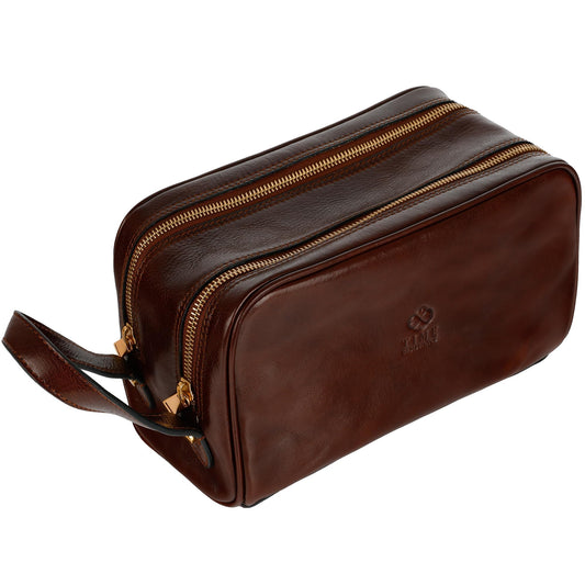 Time Resistance Leather Cosmetic Bag - Italian Toiletry Dopp Kit (Brown)