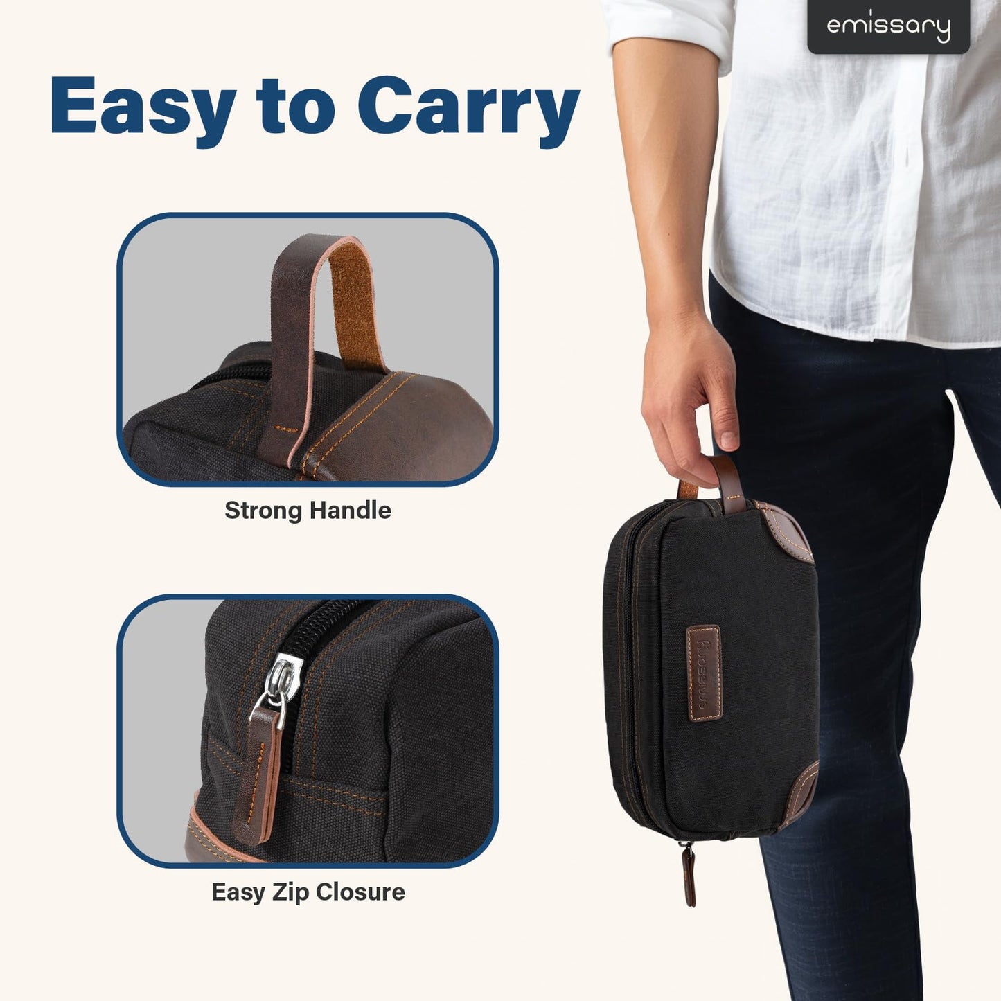 emissary Men's Toiletry Bag, Leather and Canvas Travel Toiletry Bag, Dopp Kit for Men, Travel Bathroom Bag Men's Shaving Kit, Travel Kit Small Bags for Men, Shaving Bag for Travel Accessories (Black)