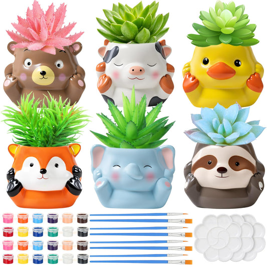 Chuangdi 6 Sets DIY Ceramic Succulent Pots Paint Animal Planters Unpainted Plant Flower Pot Paintable Ceramic Painting Kit Drainage Hole Color Paints Paintbrushes Palettes for Craft(Novel Style)