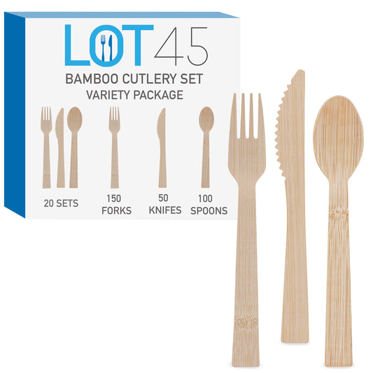 Lot45 Bulk Bamboo Utensils Set 360pc - Recyclable Cutlery Set Includes 20 Bonus Packaged Sets of Disposable Silverware