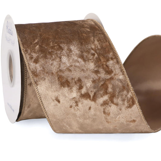 Ribbli Camel Velvet Wired Ribbon 4 Inch Crushed Velvet Christmas Ribbon for Gift Wrapping Christmas Tree Decoration Crafts Wreaths Supplies-Continuous 10 Yards