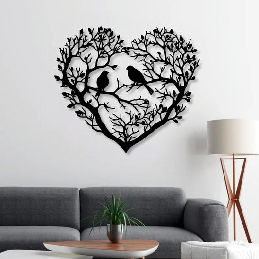 huefoam Bird Metal Wall Art, Heart Metal Wall Art, Birds on a Branch Wall Decor, Heart Wall Decor for Living Room, Bedroom, Bathroom (Black, 28"×24"/70×61cm, metal art wall decor)