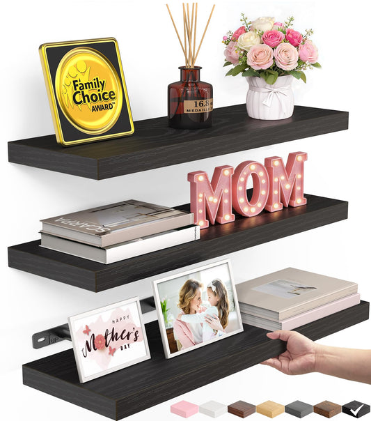 BAYKA Floating Shelves for Wall, Wall Mounted Rustic Wood Shelves for Bathroom, Bedroom, Living Room, Kitchen, Hanging Shelf for Books/Storage/Room Decor with 22lbs Capacity (Black, Set of 3, 15.7in)