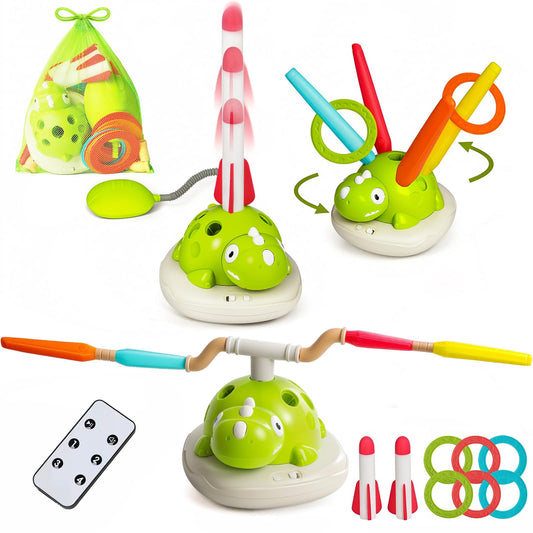 3 in 1 Musical Jump, Toss Ring Game and Stomping Launch Rocket with Storage Bag, Remote Control Outdoor Toys for Kids 3-6 Exercise Jump Gross Motor for Toddlers Indoor/Yard Game Gift for Boys Girl 4-8