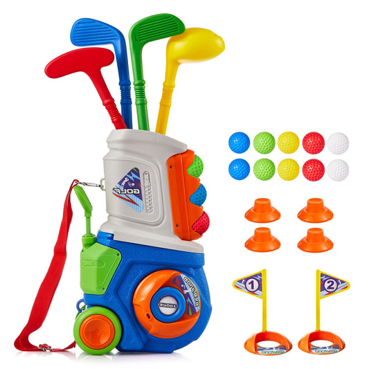 PJG Toddler Golf Set, Plastic Kids Golf Clubs Ages 1 2 3 4 5 Years Old with 4 Golf Clubs and 10 Balls, Indoor and Outdoor Toddler Golf Toys with Cart for Boys and Girls Birthday (Blue)