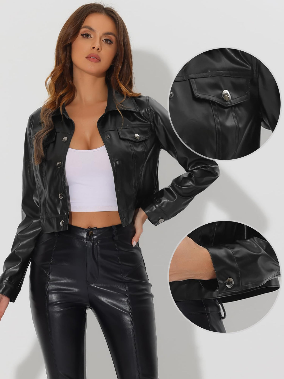 Allegra K Cropped Faux Leather Jacket for Women Casual PU Motorcycle Outwear Moto Biker Coat Jackets Small Black