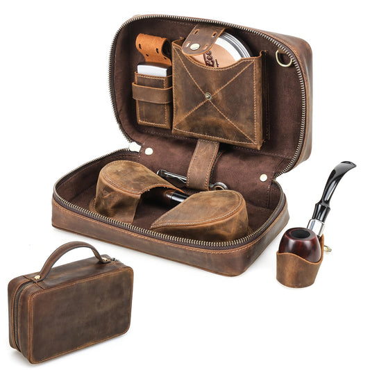 Hiram Leather Pipe Storage Bag Travel Smoking Accessories Organizer Case with Detachable Dual Pipe Holder Cigarette Case Pouch Lighters Pocket & Leather Handle Strap Portable Smoker Supply Carry Bag