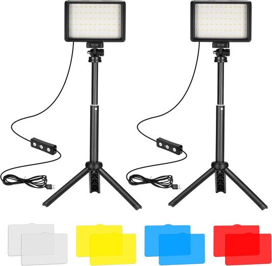 Ci-Fotto 2-Pack, 5600K Dimmable LED Video Light USB Photo Lights with Mini Tripod and Colored Filters for Photo