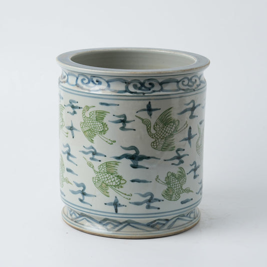 Antique Hand-Painted Flower and Bird Porcelain Pen Holder Old Style Ceramic Planter 9.7 Inch Large Plants Vase Blue & White Porcelain Silla Flower Plant Pots (Green and Blue)