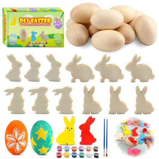Worgree Easter Egg Painting Kit, 24pcs Wooden Eggs and Bunny for Easter Crafts Basket Stuffers Gifts for Kids Toddlers Boys Girls Ages 4-8 8-12 Birthday Party Favors Classroom Prizes DIY Decor