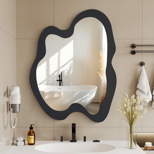 Fahomiss Irregular Wall Mirror - 20" x 28" Asymmetrical Wavy Mirror, Modern Decorative Wall Mirror with Black Wood Frame for Bedroom, Living Room, Entryway, Bathroom, Cloakroom