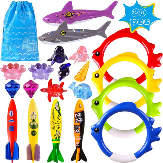 20Pcs Summer Pool Diving Swimming Toys for Kids Ages 3-12, Fun Swim Games Sinking Set, Underwater Dive Gifts with Storage Bag Include Torpedo Gems Shark Rings Sea Animals for Boys Girls Toddlers