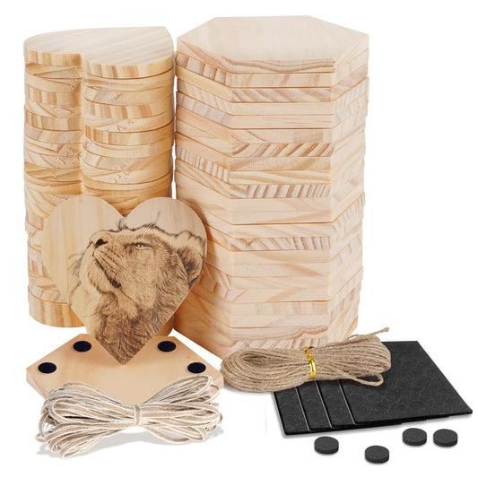 Jurtmy 48 Pcs Unfinished Wood Coasters, DIY Blank Coasters for Crafts,with Non Slip Pad, for Wood Engraving,Painting,Christmas Wedding Home Café Decor (48 Pcs-Hex&Heart)