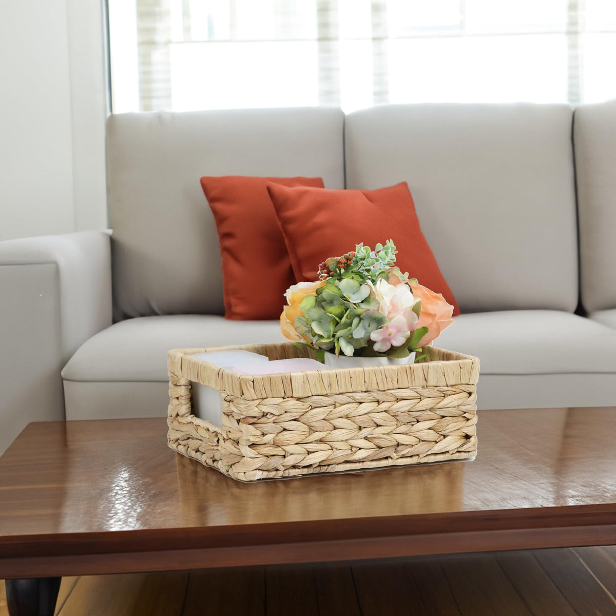 Wicker Baskets, Baskets for Organizing, Rattan Woven Basket for Storage, Organizer Bins with Built-in Handles, Storage Basket for Shelves (Water Hyacinth, Small)