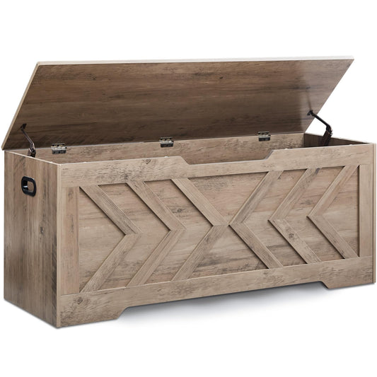 XDliv 47.2” Storage Bench,Extra Large Wooden Storage Chest with 2 Safety Hinges,entryway Bench,Blanket Storage,Shoe Storage Bench for Entryway,Bedroom,Living Room,Easy Assembly.-Greige