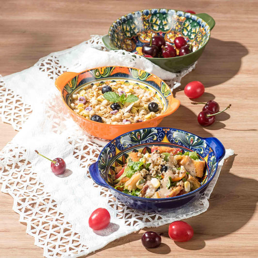 Henten Home Ceramic Soup Bowls Set, 14 oz Cereal Bowl Set of 6, Porcelain Small Dessert Bowls with Handle, for Serving, Snack, Salad, Bohemian, Microwave & Dishwasher Safe