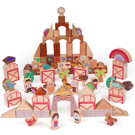 GHOOI 145-Piece Wooden Dinosaur Park Building Blocks Set – Montessori Educational Construction Toy Made from 10 Premium Hardwoods, STEM Learning Blocks for Toddlers & Kids Ages 3–6