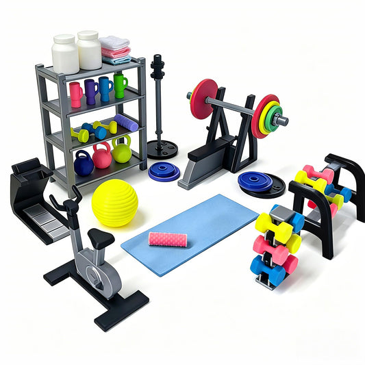Miniature Gym Equipment Set, Plastic Mini House Fitness Accessories, Miniature Workout Room with Treadmill Exercise Bike Dumbbells for Miniature House Decor Micro Landscape DIY Crafts