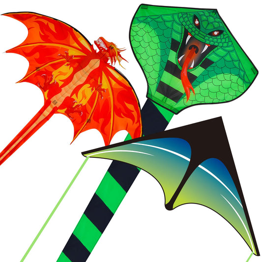 3 Pack Large Kites - Dragon Snake Delta Kites Easy to Fly for Adults Kids Beach Park Outdoor Game Activities, Gifts for Easter Festival Birthday