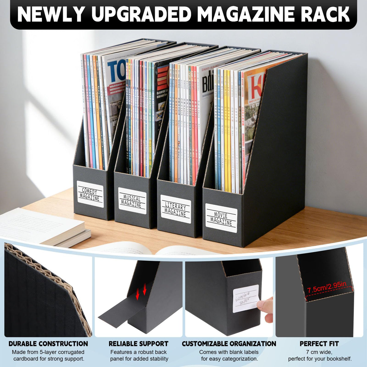 YOTINO Black Magazine Holder, 8 Pack Cardboard Magazine File Holders, Vertical Desktop File Holder Organizer, Sturdy Magazine Rack for Office, Home and Classroom