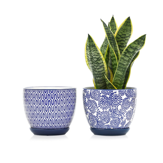 Selamica Ceramica Plant Pots, 6.5 Inch Flower Pots Set of 2 with Drainage Holes & Saucer, Planters for Indoor Plants, Home Decor, Vintage Blue