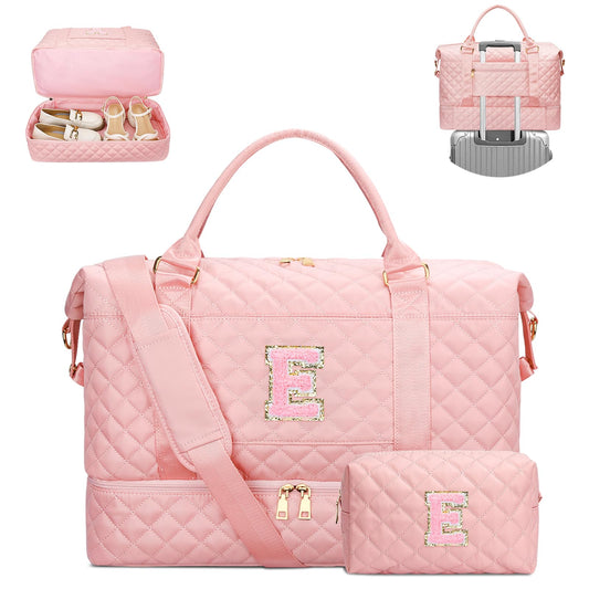 CLOUDWINGS Gifts for Women Girls Initial Travel Duffle Bag Quilted Weekender Carry-On Overnight with Cosmetic Bag, Gym Bag with Shoe Compartment Hospital Bag for Labor Delivery, Pink E
