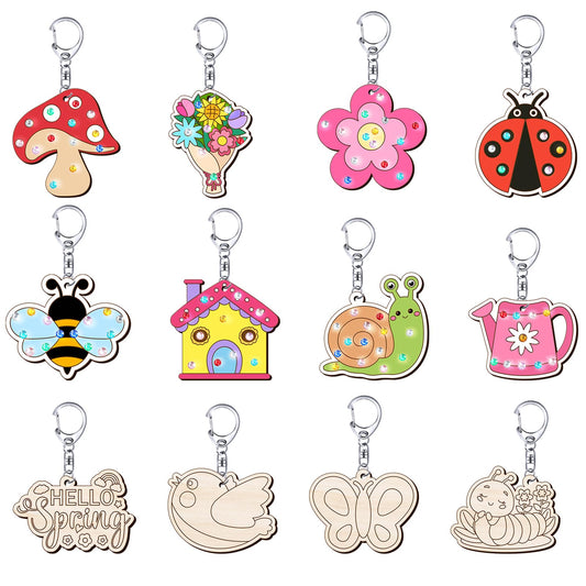 BAPHILE 24 PCS Spring Wood Craft Color Your Own Butterfly Insect Keychains DIY Wooden Blank Keychains for Kids Adults Spring Party Decor Classroom Kindergarten Exchage Gift Activities