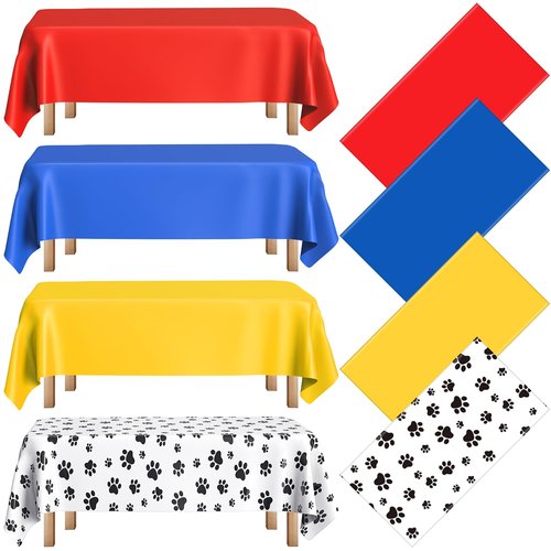 Dunzoom 4 Pack Puppy Dog Pet Paw Print Plastic Tablecloth 54 x 108 Inches Red Blue Yellow Table Cover Paw Print Disposable Rectangle Table Cover for Pet Blue Dog Birthday Party Supplies