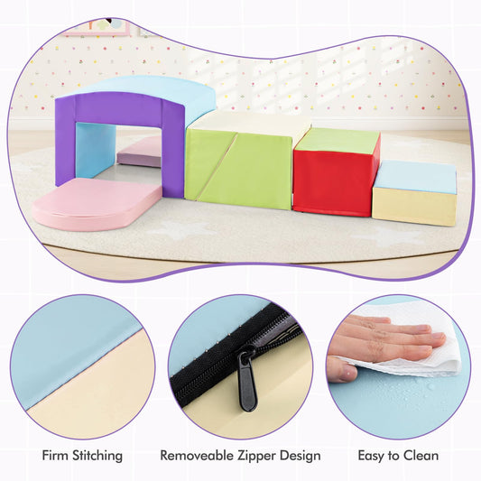 Olakids Climbing Toys for Toddlers, 7 Pieces Indoor Baby Foam Blocks Soft Play Set with PU Leather, Kids Climb and Crawl Sliding Activity Structure Gym Playground Climber