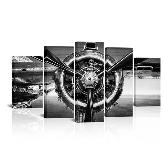 Nachic Wall Large 5 Panel Black and White Airplane Canvas Wall Art Aviation Aircraft Propeller Canvas Prints Pictures Plane Engine Poster Artwork Office Home Decoration (Black)