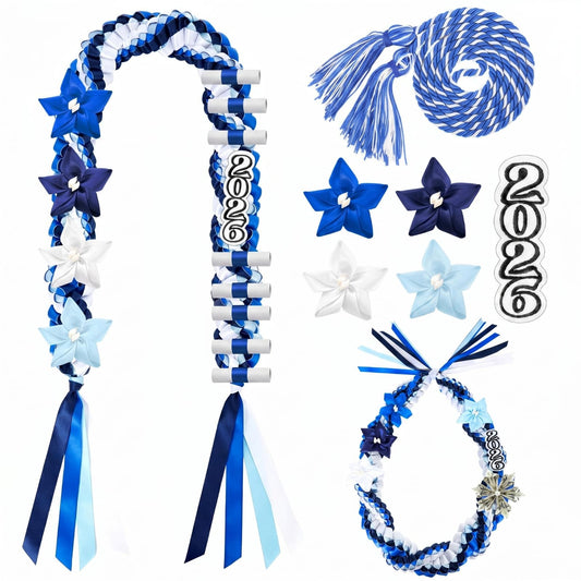 Craftsatin 2026 Graduation Money Leis with Honor Cord Class of 2026 Graduation Ribbon Money Leis Double Braided Handmade Necklace Kit for for High School College Grad Party Supplies(Blue White)