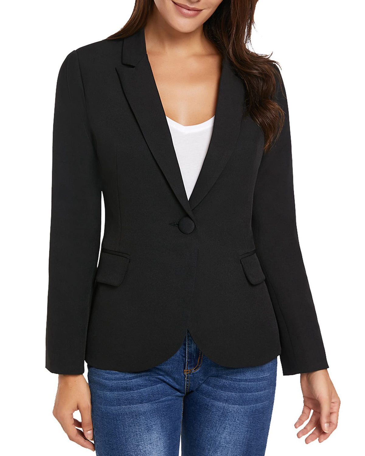 luvamia Women's Notched Lapel Neck Long Sleeves One Button Pocket Blazer Jacket Wear to Work Suit Women's Tuxedos Ladies Blazers Slim Blazer Jackets for Women New Black Size L