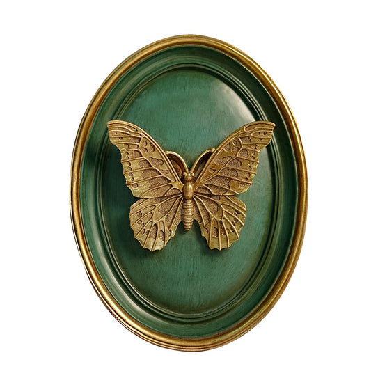 BILXIM Vintage Wall Sculpture, Ornate Green and Gold Butterfly Relief Oval Wall Art, French Country Resin Decorative Plaque for Living Room Bedroom Gallery Wall Decor