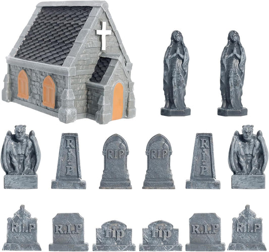 Rileryan Miniature Church Tombstones - 15 PCS Gargoyle & Virgin Figurines for Halloween Decor
