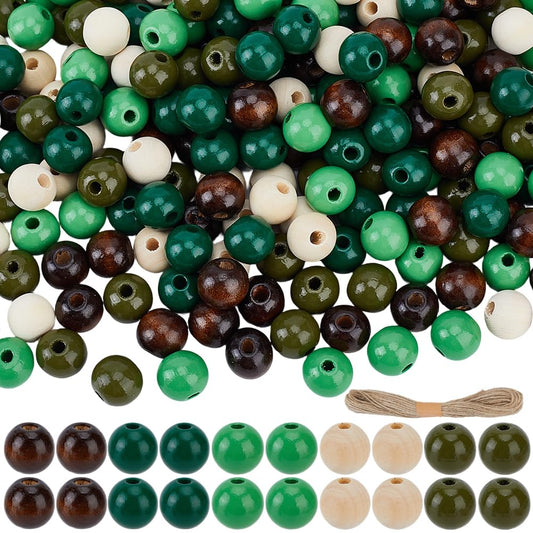 PONABEADIY 1 Box 250pcs 16mm 5 Colors Round Wooden Beads with Jute Twines Spray Painted Natural Ball Macrame Dyed Schima Wooden Loose Bead Bulk for Jewelry Making Necklaces Bracelets DIY Craft Supply