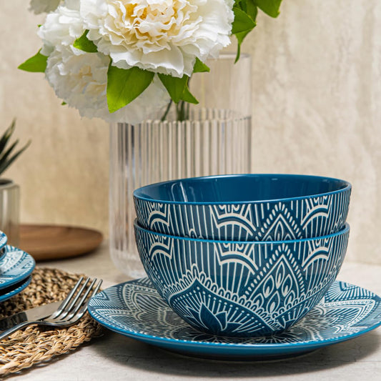 Bzyoo 12-Piece Ceramic Dinnerware Set: La La Mandala Blue Dish Set Design for Every Occasion - Microwave & Dishwasher Safe Stackable Plates Bowls