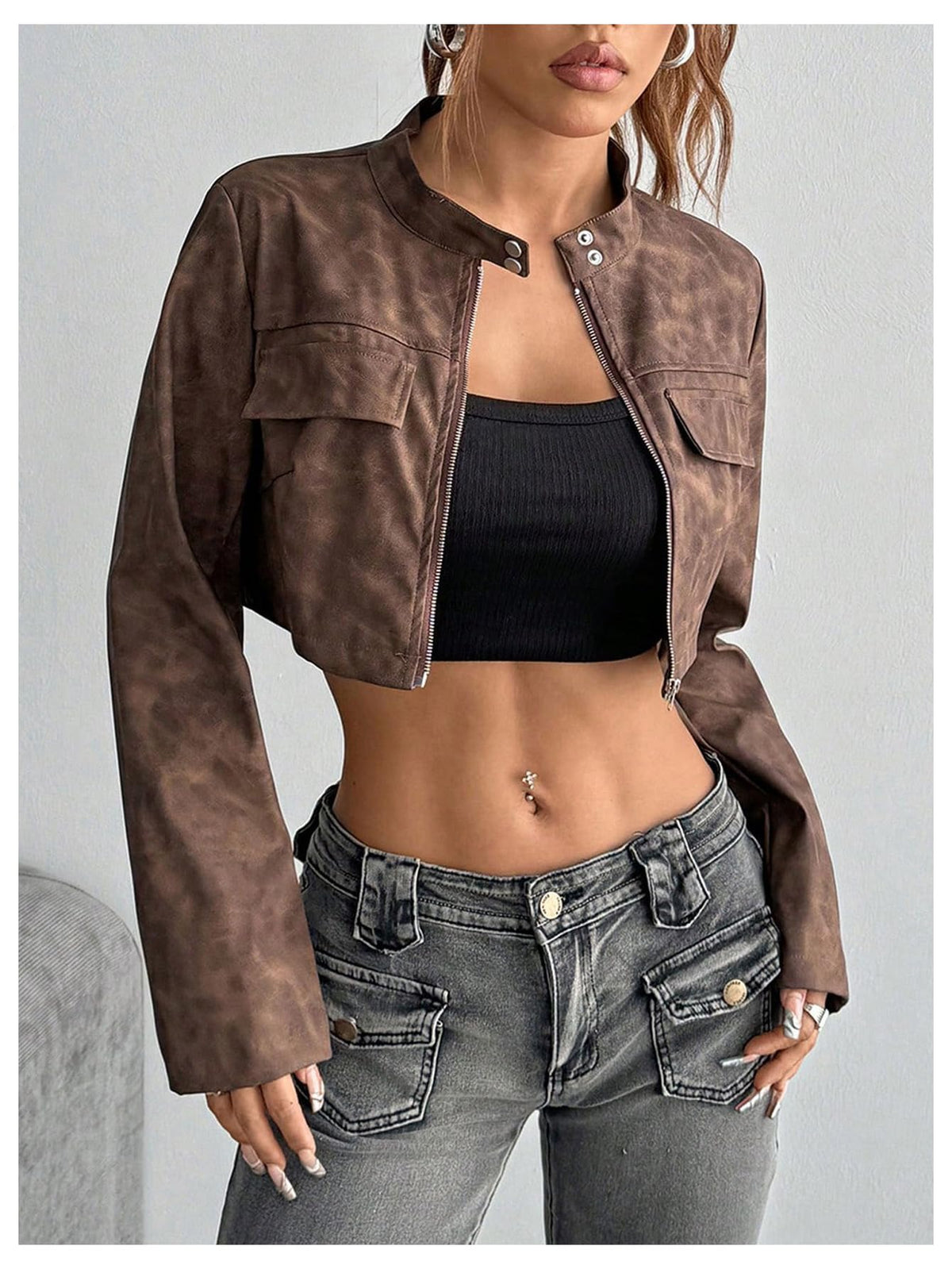 Milumia Women's Faux Leather Cropped Jacket Y2k Zip Up Stand Collar Motorcycle Short Coat Jacket Streetwear Brown X-Small