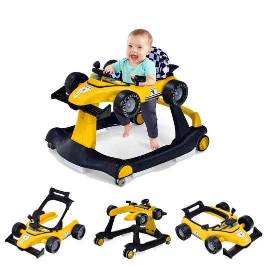 GLACER Foldable Baby Walker, 4-in-1 Infant Walker with Adjustable Height & Speed, Music, Light, Steering Wheel & Washable Cushion, Baby Walker Activity Center for Boys Girls 6 –18 Months (Yellow)