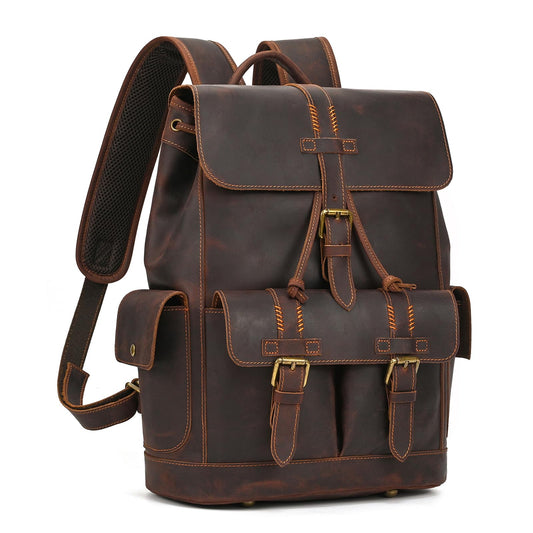 LUUFAN Genuine Leather Backpack for Men Casual 15.6 Inch Laptop Shoulder Bag Rucksack with Anti-Theft Pocket Travel Daypack, Coffee