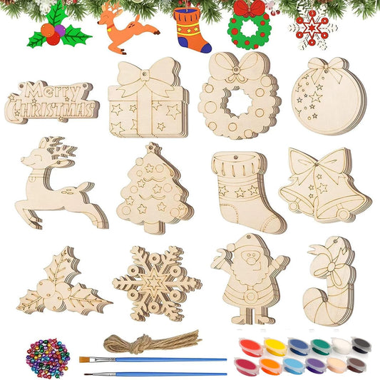 YUANDJO Christmas Wooden Ornaments, 60 PCS Christmas Crafts for Kids Unfinished Wood Slices, DIY Wooden Christmas Ornaments to Paint Kit for Kids Color Decoration Tree
