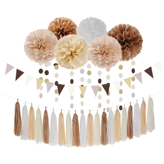 Boho Baby-Shower White-Brown Champagne Party-Decorations - 28pcs Neutral Birthday Wedding Bridal Tissue Pom Poms Streamers, Fall Autumn Tassel Garland Banner, Engagement Christmas Decor Ouruola