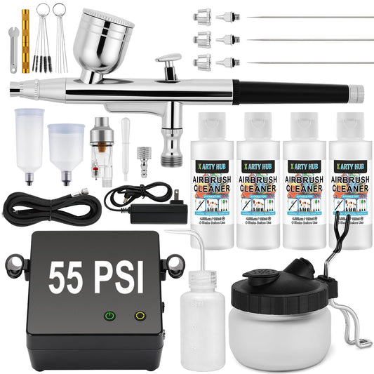 X ARTY HUB Airbrush Kit with Air Compressor, 55 PSI High-Pressure Non-Clogging Air Brush Gun with 0.2/0.3/0.5mm Nozzles & Cleaning Kit (4 * 4.05 fl oz Cleaner) - for Model Painting, Artwork & Crafts