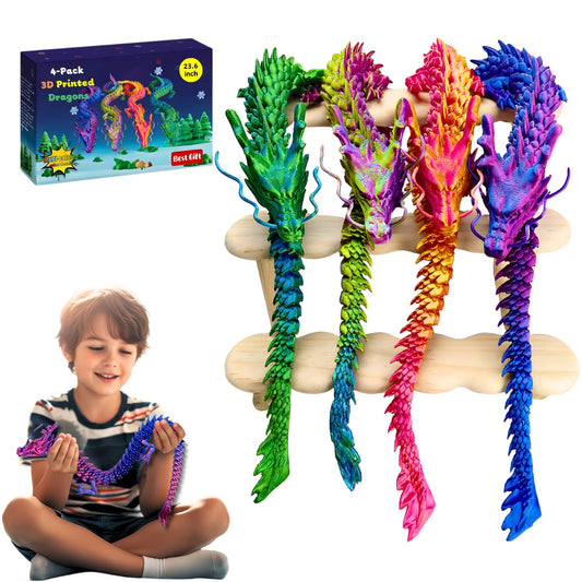 Joyroud 4 Pack 24" Large 3D Printed Dragon Toys, Articulated Chinese Dragons for Family Interaction & Imaginative Play, Collectible Home Office Desk Decor, Unique Birthday & Easter Gifts for Kids