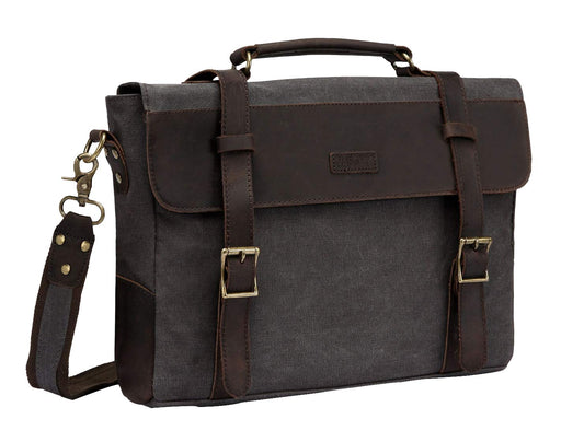 VASCHY Vintage Canvas Leather Messenger Bag School Shoulder Bag Business Briefcase Satchel Gray