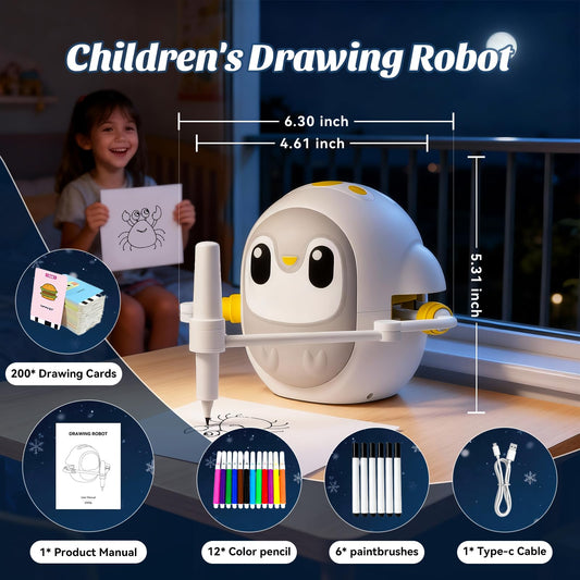 GMYGBY Drawing Robot for Kids, Montessori Learning Drawing Machine with 200 Cards, Smart Educational Painting Toy for 3 4 5 6 7 8 Year Old Boys Girls Birthday Party Gift- (Penguin)