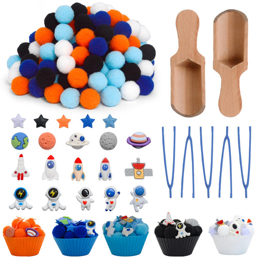236pcs Space Sensory Bin Filler Fine Motor Toys Astronaut Spaceship Sensory Bin Items Astronauts Saturn Moon Mars Earth Rocket Planet Satellite Space Shuttle Stars for Preschool Education Activities