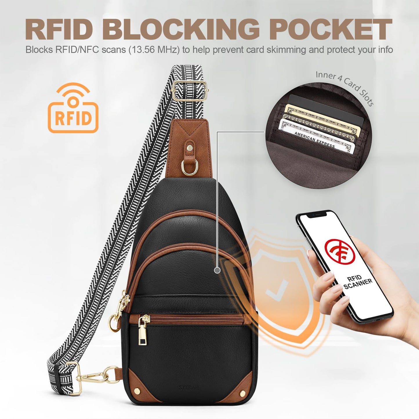 SYTRAH Anti Theft Crossbody Bags for Women, RFID Sling Bag Travel Purse, RFID Cross Body Purses Chest Bag for Travel Black Brown