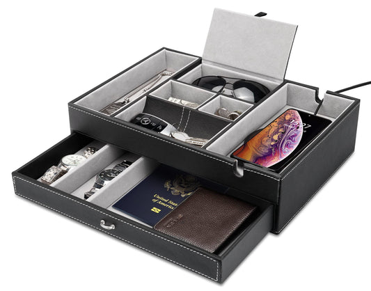 Baoyun Valet Tray for Men, 2 Layers Nightstand Organizers for Men and Women, Leather Jewelry Storage Box, Mens Dresser Top Organizer, Catch All for Jewelry Key Wallet and Phone (Black)