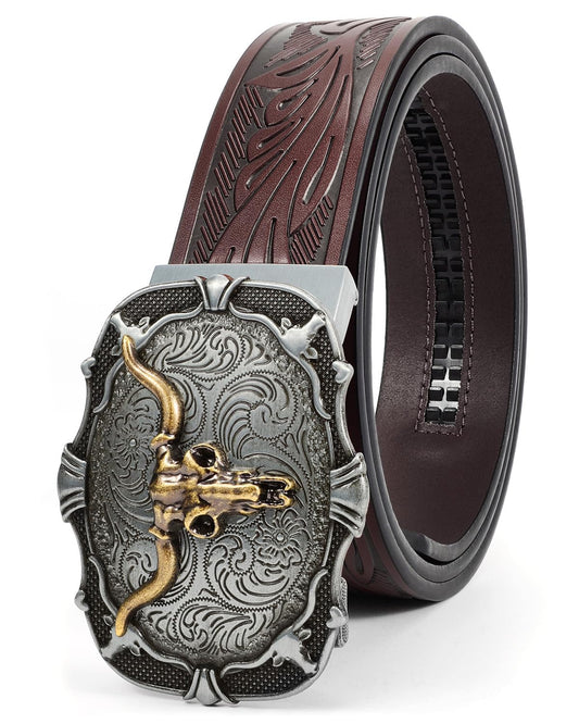 BELTROAD Mens Ratchet Western Belt Leather Cowboy Ratchet Belts for Men Leather Ratcheting Belts for Jeans Casual Adjustable Belt for Men with Automatic Cowboy Buckle Men's Belts